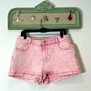 Sugar Thrills Dolls Kill Pink denim pearl encrusted front shorts women’s XL new